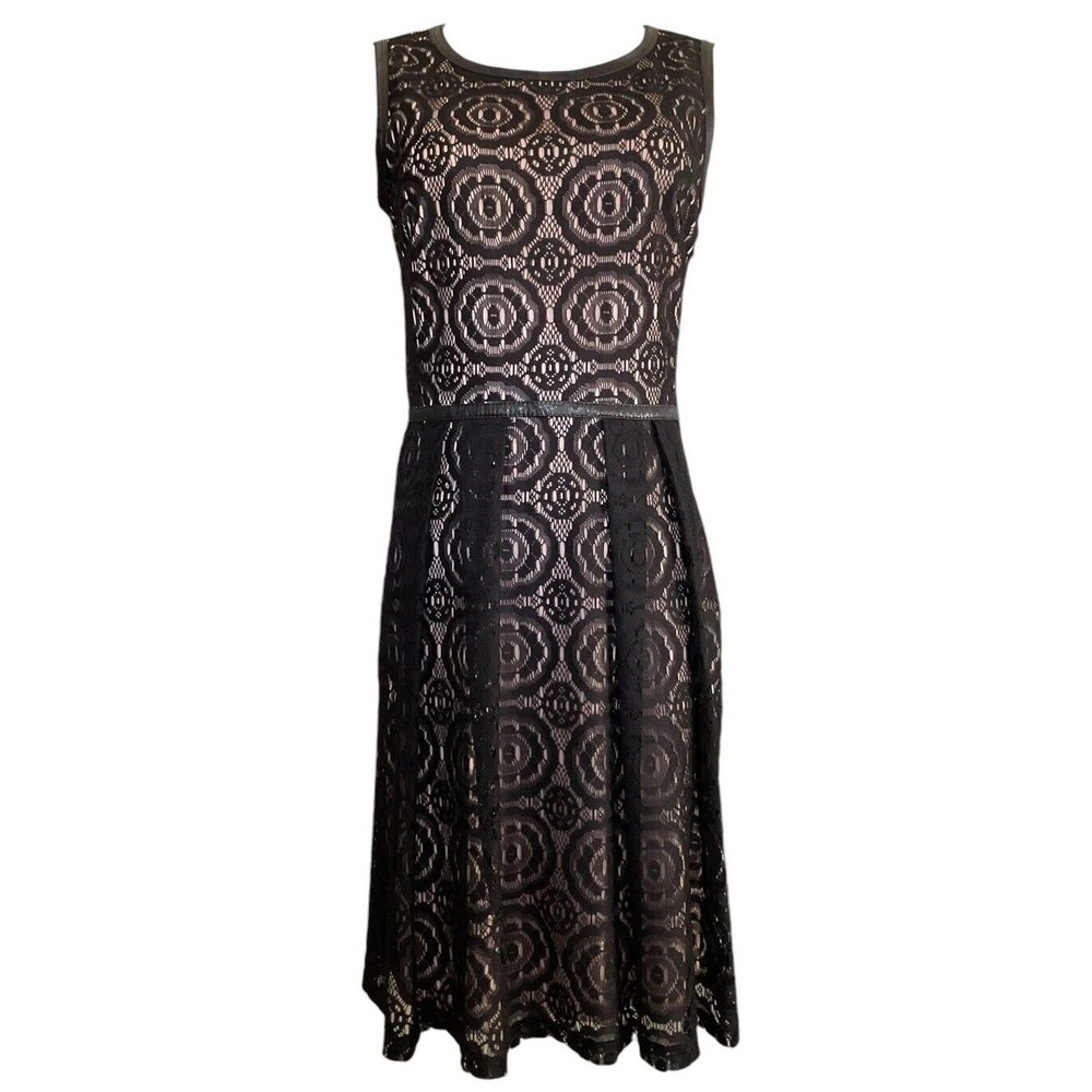 Enfocus Studio Black Lace Size 8 Nude Lined Dress A Line Faux‎ Leather Trim